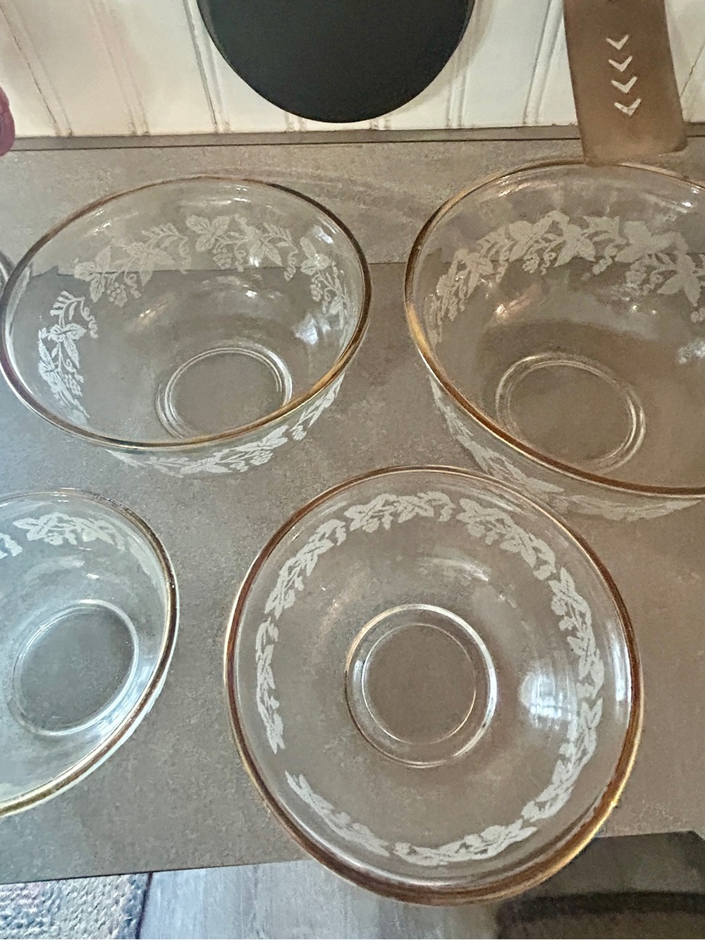 Bartlett Collin’s  Glass Mixing Bowls with White Leaf etching - Set of 4